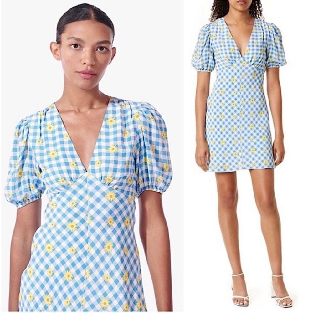Staud Milla Print Mini Dress in Gingham Daisy Plaid Dress, Size 10 NWT